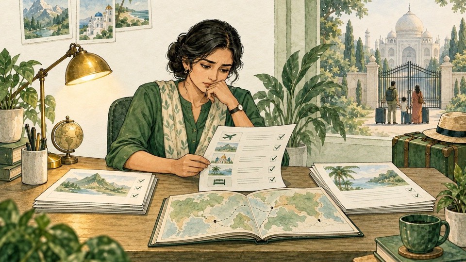 A travel agent at her desk, chin in hand, working through a stack of quote checklists for flights, hotels and transfers.