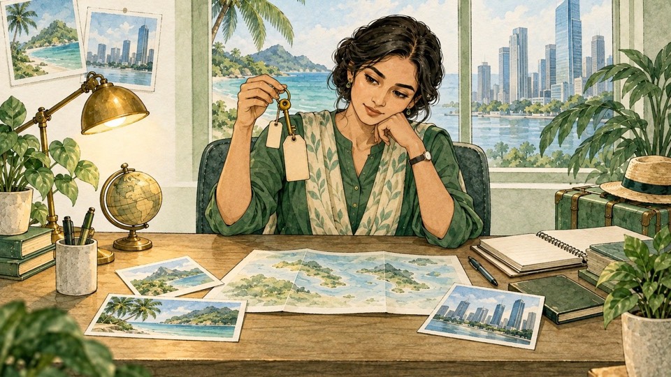The same agent smiling, holding up a set of keys with tags, beach and city postcards spread on her desk.