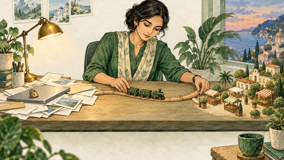 The agent laying a toy train track toward a miniature seaside village, with the paperwork set aside under a locked laptop.